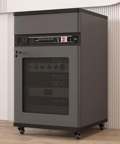 Meuble Stéréo, Meuble Rack Audio avec Tiroir et Serrure de Porte, Meuble AV avec Trou pour Câble, Meuble Hi FI Mobile avec roulettes, Étagères Réglables(Gray,52x55x90CM)