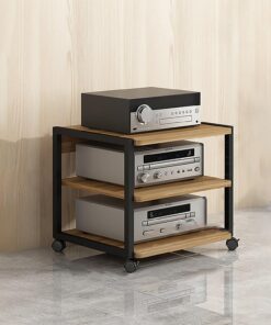 Support de Tourne-Disque avec Roues Universelles Étagères Rack de Stockage Audio Vidéo Stockage de CD Étagère D'angle pour Support Multimédia AV pour Le Salon La Salle de Jeux.(Original wood,50x40x48.