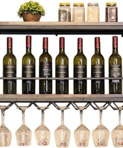 Étagère à Bouteilles Murale Vintage pour Bouteilles de vin, étagère Flottante pour Bar de Cuisine, étagère à vin Rustique en Bois, étagère à Bouteilles en métal et Fer, Support pour Verres à