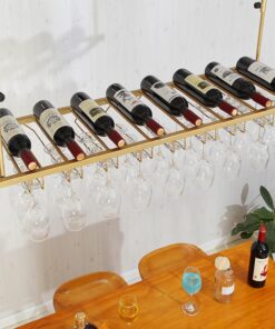 Casier à vin créatif | Étagère de Rangement pour Bouteilles de vin et gobelets à Pied ， Porte-Verre à vin Suspendu en métal au Plafond, pour sous-Armoire, Cuisine, Bar, Or (Taille