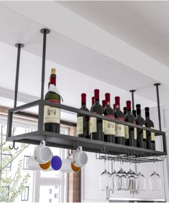 Support à Verres à vin Suspendu au Plafond, Hauteur réglable de 11,8 à 23,6 Pouces, Support à Verres à vin Mural Noir/doré, Parfait pour Bar, café, Cuisine (Couleur : Noir, Taille : 60 x 25