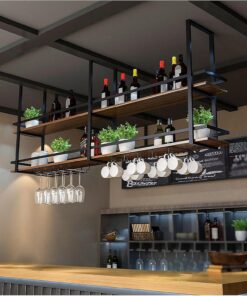 Casier à vin Industriel Suspendu avec étagère en Verre pour Verres à Pied pour Bar et Cuisine