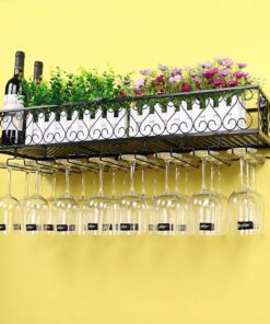 Casier à vin Mural Moderne en métal avec Porte-Verres et étagère de Rangement pour Bouteilles, pour Bar, Salle à Manger et Cuisine – Noir (120 x 25)