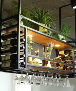Casier à vin monté au Plafond avec Support pour Verres, élégant Support à Verres à vin Suspendu en Fer pour Bar de Cuisine, étagère Suspendue en Bois et en métal pour gobelets