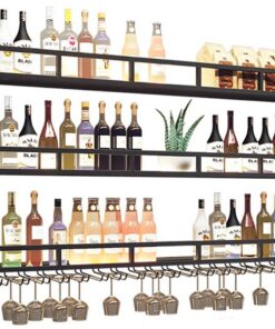 Étagère de Rangement à vin Murale avec lumière LED, étagères suspendues pour Bar, étagère d'affichage pour Bouteilles d'alcool, étagère Murale Flottante Industrielle avec Support pour Verre