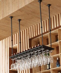 Casier à vin Industriel à Suspendre au Plafond, Support pour Verres à vin, gobelets, Verres à Pied, décoration, étagère, Organisateur pour Bars, Salons, cuisines/doré/100 x 35 cm