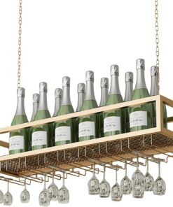 Casier à vin Suspendu avec chaîne dorée et Support pour Verres à Pied pour Bars et Cuisines (60 x 25 x 20 cm)