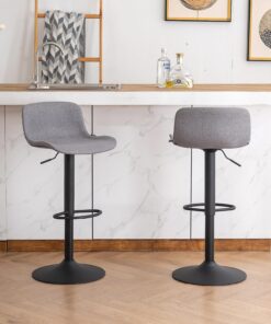 Kidol & Shellder Tabourets de Bar Gris Lot de 2 Chaise Haute Bar Cuisine Dossier Bas en Tissu, Tabouret de Comptoir Réglable en Hauteur, Pivotant à 360°, 5-6 Minutes Facile à Assembler