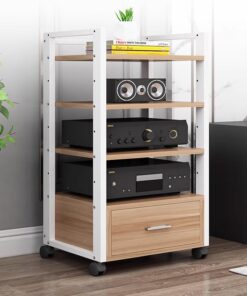 Meuble multimédia Moderne à Plusieurs Niveaux pour Salon et Chambre à Coucher, Rangement pour Contenu stéréo et Support pour Platine Vinyle, Meuble de Divertissement.