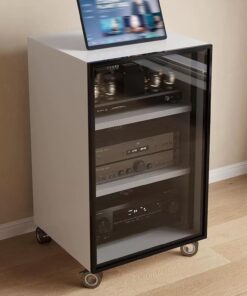 Meuble Hi FI, Meuble Audio Vidéo multimédia au Sol, avec Gestion des câbles, Meuble stéréo avec roulettes en Bas, Espacement réglable(Wit,31.4x17.7/80x45cm)