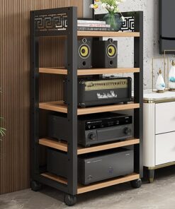 Meuble Hi FI À 5 Niveaux, Meuble Rack Audio, 50 × 40 × 108 cm, Meuble Audio Vidéo Mobile, Étagères Réglables, Support TV Ouverte, Cadre en Acier, pour Bureau, Maison(Natural)