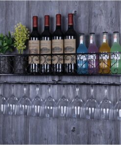 Casier à vin Mural avec Porte-Verres et étagère, Porte-Bouteilles en métal pour Bar, Salle à Manger, Cuisine – Noir (80 x 10 x 17 cm)