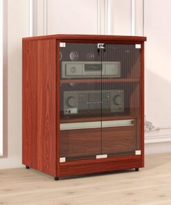 Meuble Hi FI avec Rangement, Meuble Stéréo avec Étagères Réglables, Meuble Rack Audio avec Portes en Verre, Bois Rack Audio Couvercle Rabattable(Red-Brown,2-Tier)