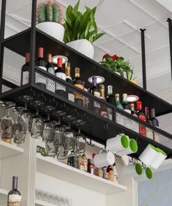 Casier à vin inversé, casier à vin rond industriel suspendu avec perche, casier à vin de plafond avec support à verres à pied, étagères flottantes pour bar, cuisine, salle à manger, noir (di