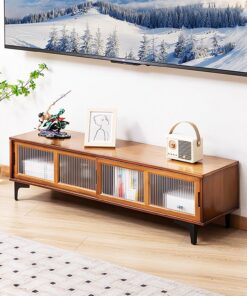 Console TV en Bambou pour Centre de Divertissement, Portes coulissantes, Table TV pour téléviseurs jusqu'à 70 Pouces, Meuble TV, Supports TV pour Salon (Couleur : Marron, Taille : 160 cm - 2