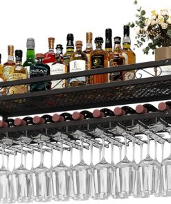 Étagère Murale Industrielle en métal pour Verres à vin, Grande étagère Flottante, Support pour Bouteilles et Verres à vin, pour Bar et Salle à Manger