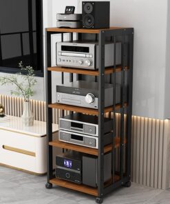 Meuble HiFi à 5 Niveaux, Meuble Rack Audio Ouvert, Meuble stéréo, étagères réglables, Meuble Audio Vidéo avec roulettes, for composant stéréo de Divertissement(Walnut Color)