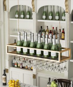 Porte-Bouteilles de vin Porte-Bouteilles Suspendu au Plafond ， Verres à vin à Champagne Étagères de Rangement flottantes en métal Étagère de Rangement Murale pour Bar à la Maison,