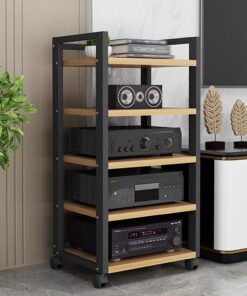 Rack Audio À 5 Niveaux, Meuble Rack Audio, Meuble Hi FI avec Étagère Réglable, Meuble Audio Vidéo en Bois, Meuble Stéréo Mobile Ouverte, Rangement for Stéréo De Divertissement(Black+Wood)