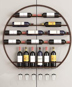 Casiers à vin muraux en métal Bouteilles de vin Rondes et Supports en Verre Présentoirs de Stockage de vin d'art de Fer avec gobelet Supports de Verres à Pied pour Bar Cuisine Rest