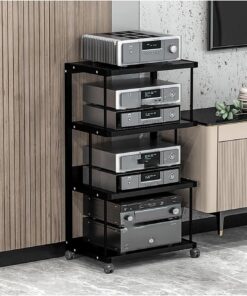 Étagère HiFi 3/4 niveaux, support multimédia AV avec roulettes, support mobile for console de jeu, étagères de rangement multimédia en bois, meuble audio stéréo for tourne-disque(Svart,100cm)