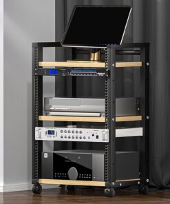 Meuble Rack Audio À 3 Niveaux, Support Multimédia AV Mobile avec roulettes, Meuble Stéréo avec Étagère Réglable, Cadre en Métal, Meuble Hi FI Moderne(Nero,52.5x40x65CM)