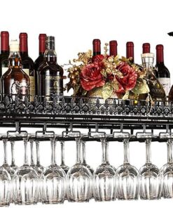 Casier à vin Suspendu de Style Vintage, Hauteur réglable, avec Support pour Verres, étagères de Rangement Multifonctions pour Bar, Restaurant, Cuisine, café, Noir (100 x 35 cm)