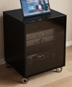 Meuble Hi FI, Meuble Audio Vidéo multimédia au Sol, avec Gestion des câbles, Meuble stéréo avec roulettes en Bas, Espacement réglable(Nero,23.6x17.7/60x45cm)