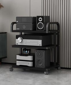 Support stéréo moderne avec roulettes, étagère audio-vidéo, support multimédia AV, armoire stéréo en bois, tour de support audio pour tourne-disque, pour salle d'enregistrement de jeu (noir,