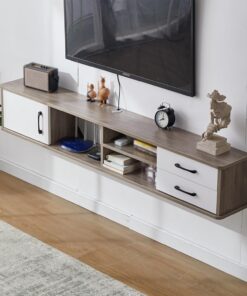 Meuble télé mural en bois massif Meuble tv suspendu moderne armoire suspendue avec tiroirs supérieur et inférieur console multimédia flottante console télé flottante étagère pour le salon.(Gray,150x24