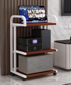 YVYKFZD Meuble HiFi À 3/4 Niveaux, Meuble Rack Audio Armoire De Composants Mobile, Meuble Audio Vidéo Étagère En Bois De Rangement Ouverte, Meuble Stéréo Multifonction Portable(Color:Teak A 3 Tier-19.