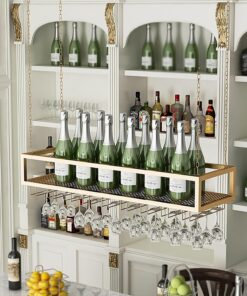 Casier à vin Suspendu, casier à Verres à vin de Plafond, Hauteur réglable, casier à vin en Fer, doré, présentoir de Rangement pour Le vin, casier à Verres à vin Mural Parfait pour Bar café,