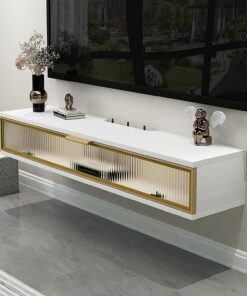 Meuble TV mural, support TV flottant, meuble TV mural avec porte, console multimédia de divertissement, console multimédia TV avec trous pour câbles, grand banc de rangement TV sous TV, pour