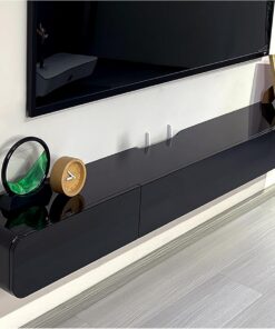 Meuble TV flottant noir avec tiroirs et porte - Meuble TV mural en bois massif blanc avec trou de routeur et dos creux - Console multimédia pour salon