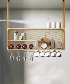 Porte-Bouteilles de vin Industriel Vintage à Suspendre, Support de Plafond avec Support pour Verres à Pied pour Bars et Cuisines, étagère de Rangement de Grande capacité, Noir/doré (31,5 po)