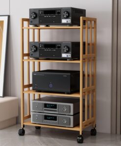 Support Audio, Support stéréo Mobile en Bambou avec étagères réglables et roulettes pour Le Stockage multimédia AV à Domicile/Bureau/cinéma