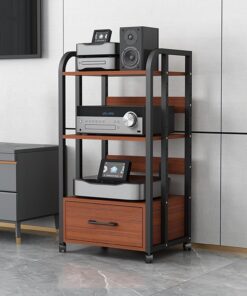 YVYKFZD Meuble HiFi à 3/4 niveaux, Meuble Rack Audio armoire de composants mobile, Meuble Audio Vidéo multimédia, étagère en bois avec tiroirs et étagères réglables, Meuble stéréo ouverte(Color:Teak,S