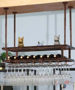 Casier à vin Suspendu avec Support pour Verres et étagère pour Plantes, Support de Rangement Industriel pour Bouteilles de vin et Verres à Pied, Montage au Plafond, pour Bar, Cuisine, restau