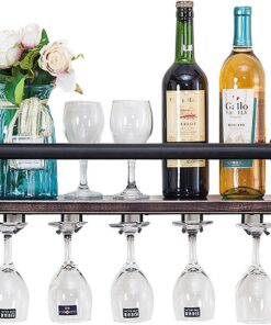 Meuble Casier à Vin Mural Industriel Métal et Bois | Casier à vin Rustique | Étagère à vin Flottante Organisateur de Verres à Pied Suspendus pour Bars, Restaurants, Cuisines