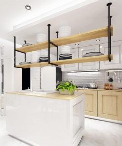 Support de Plantes Suspendu, Support de Verre à vin au Plafond, en Fer forgé, en Bois Massif, étagères flottantes pour Bar, étagères de Rangement pour Salle à Manger (Noir)