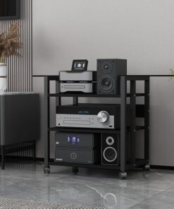 YVYKFZD Meuble HiFi AV à 3/4/5/6 niveaux, Meuble Rack Audio mobile avec étagère en bois réglable en hauteur, Meuble Audio Vidéo ouverte, grande Meuble stéréo multimédia(Size:Black 3 Tier-19.6"X15.7"X2