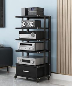 Meuble HiFi à 5 Niveaux, Meuble Rack Audio Multifonctionnel, Meuble stéréo avec roulettes, Meuble Audio Vidéo, Parfait for Les Coins et Les Petits espaces(Nero)