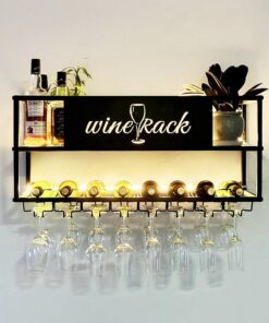 Casier à vin Mural avec éclairage LED, avec Support de Verre à vin Suspendu, étagères flottantes en métal, présentoir pour Bouteilles d'alcool, étagères de Rangement Grande capacité pour Bar