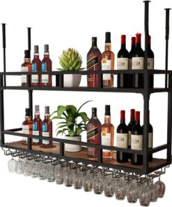 Étagère à vin de Plafond, étagère à vin en métal avec Verre, étagère à vin de comptoir de Bar Suspendue, Bouteille de vin à 2 Couches, pour Bars, Restaurants, Cuisine/Support Noir/