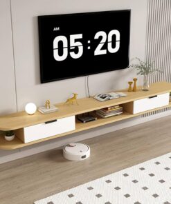 Meuble TV Flottant, Console Multimédia Murale avec 2 Tiroirs | Convient aux téléviseurs de 43 à 98 pouces, Coins arrondis, bois massif, rangement ouvert(Natural,180CM/70.8IN)