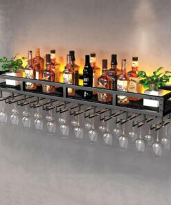 Étagère à Bouteilles Murale avec Support en Verre, étagère à Bouteilles en métal, présentoir de Rangement Multifonctionnel pour vin, présentoir à vin, pour Bar, Cuisine, café à deu