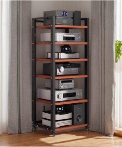 Meuble TV/Disque Vinyle réglable Haute fidélité pour Salon, Console multimédia Moderne avec Rangement pour équipement stéréo en métal Noir, unité de Rangement d'angle pour appareils Audio-VI
