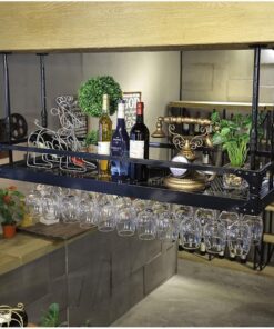 Casier à vin Mural avec Cadre en métal, Support pour Verre à vin, étagère en Verre pour Bouteille, Meuble de Bar pour Armoire à vin, décoration de Rangement pour vin, Noir, 80 x 30 cm