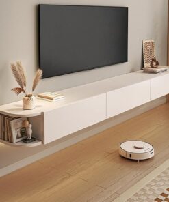 Étagères TV flottantes avec porte et tiroirs, étagères TV murales avec trou pour câble, console multimédia de divertissement, grand banc de rangement TV sous TV, meuble TV flottant pour salo