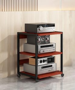 Support de Tourne-Disque avec Roues Universelles Étagères Rack de Stockage Audio Vidéo Stockage de CD Étagère D'angle pour Support Multimédia AV pour Le Salon La Salle de Jeux.(Walnut,50x40x69.5cm)